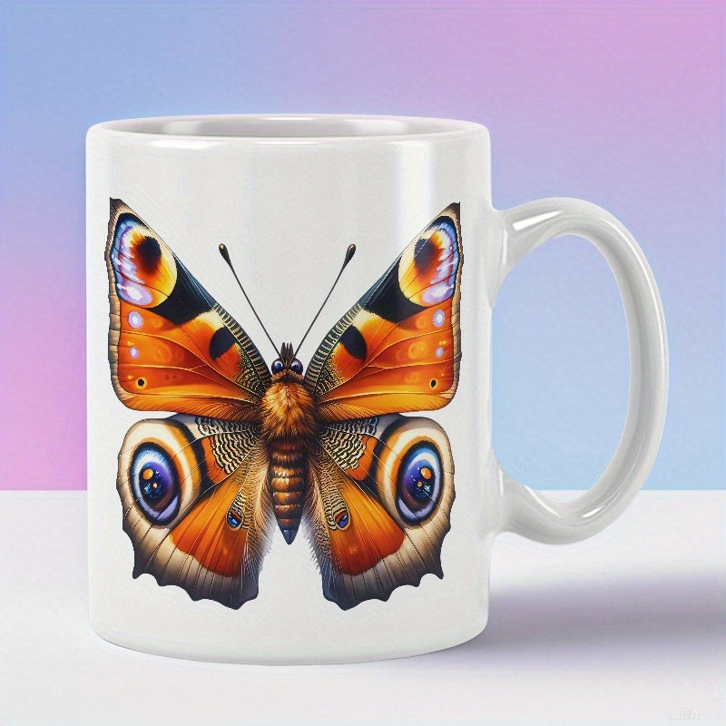 Tailorly White Ceramic 11 oz Mug - Detailed Orange Wings Featuring Vibrant Blue Eye Spots Elegant Fluttering Butterfly