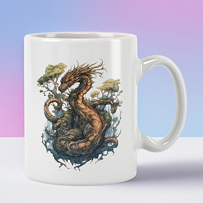 Tailorly White Ceramic 11 oz Mug - Majestic Earth Toned Serpent Entwined Among Ancient Bonsai Trees And Roots Dragon
