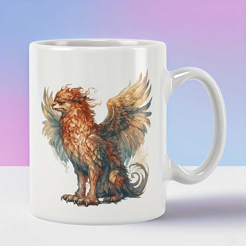 Tailorly White Ceramic 11 oz Mug - Majestic Mythological Creature With Grand Wings And Fierce Stance Gryphon