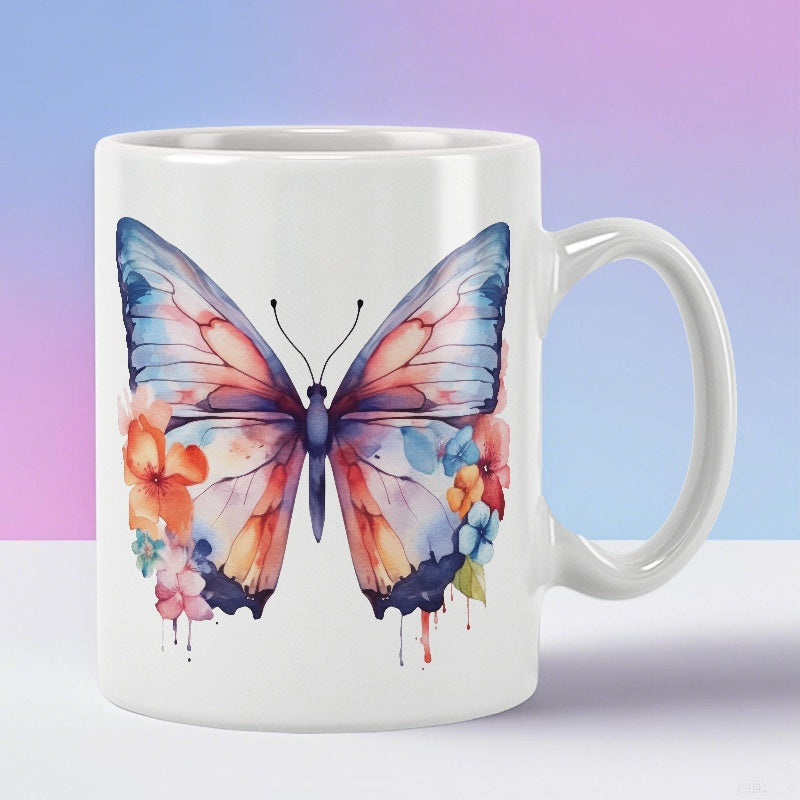 Tailorly White Ceramic 11 oz Mug - Watercolor Painting With Delicate Flowers Adorning Vibrant Wings Graceful Colorful Butterfly