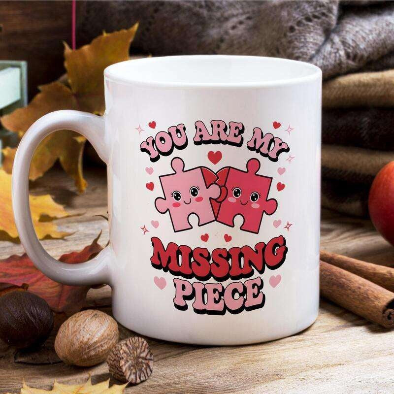 Tailorly White Ceramic 11 oz Mug - You Are My Missing Piece Cute Cartoon Pink Characters Connecting Together Under Small Hearts Puzzle Piece