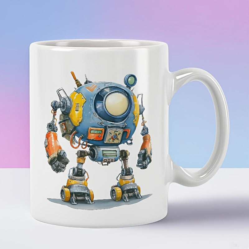 Tailorly White Ceramic 11 oz Mug - Spherical Mechanical Droid With Industrial Blue And Yellow Metal Parts Robot