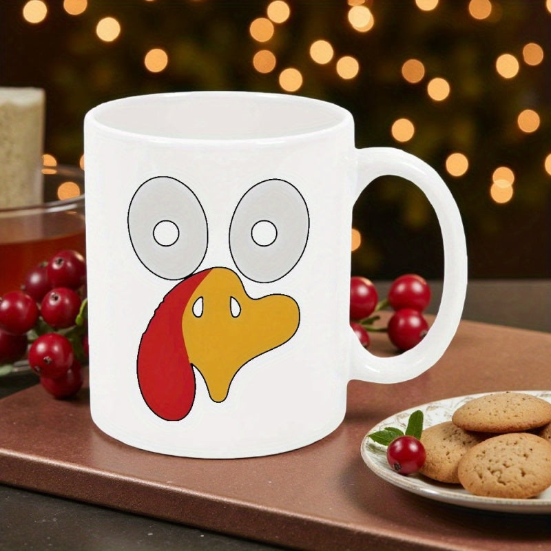 Tailorly White Ceramic 11 oz Mug - Minimalist Cartoon Face Featuring Large Eyes And A Vibrant Beak Turkey