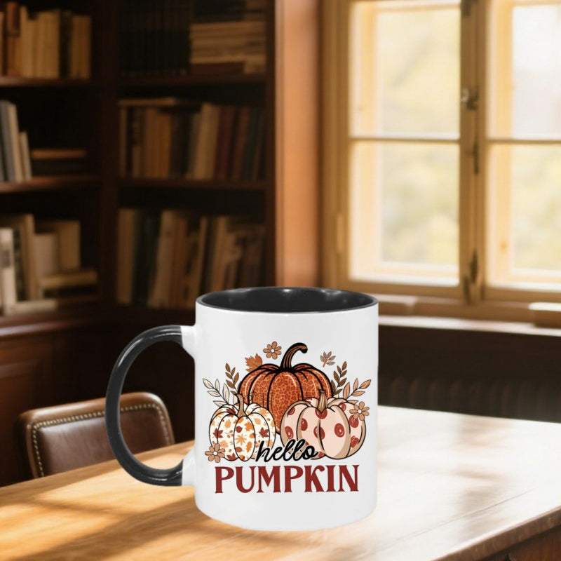 Tailorly Black Accent 11 oz Mug - black handle red lettering pumpkin latte cup fall themed gift for halloween