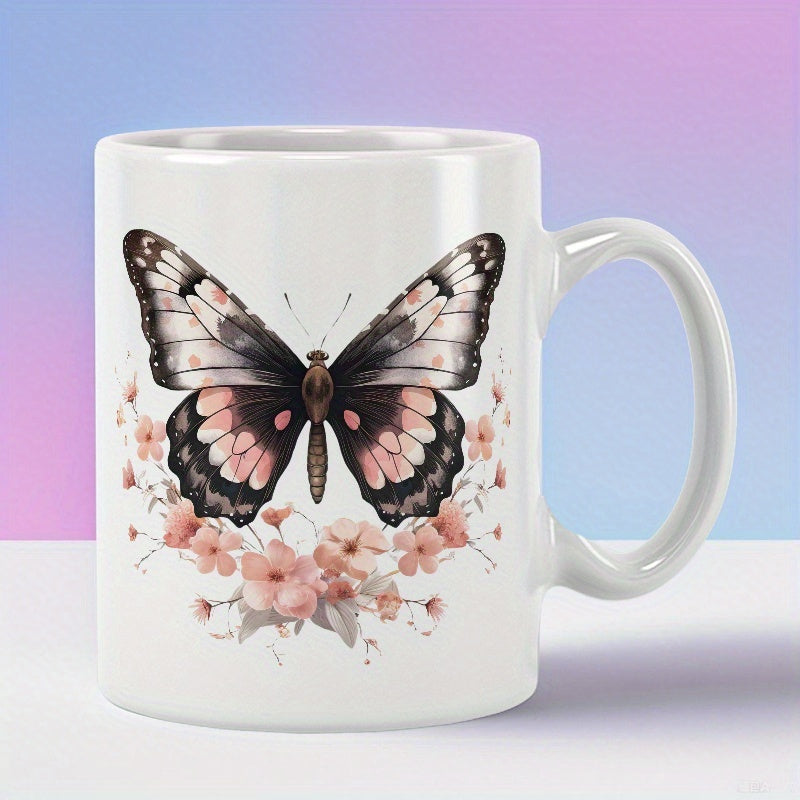 Tailorly White Ceramic 11 oz Mug - Delicate Pink Blossoms Surrounding A Detailed Wings Spread Majestic Butterfly