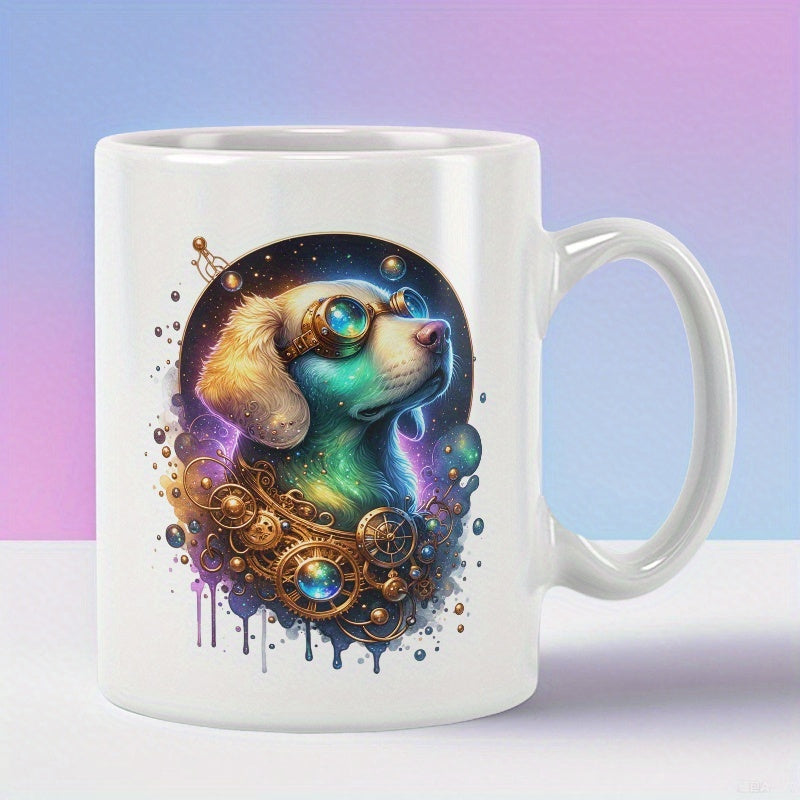 Tailorly White Ceramic 11 oz Mug - Steampunk Canine Wearing Goggles Surrounded By Cosmic Gears And Nebula Bubbles Dog
