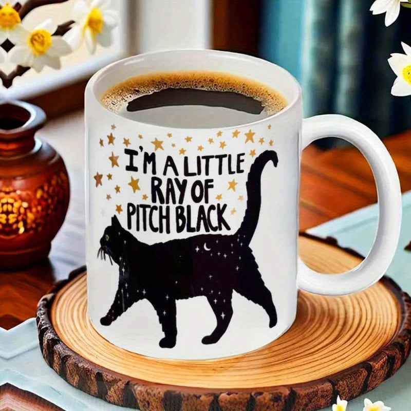 Tailorly White Ceramic 11 oz Mug - I M A Little Ray Of Pitch Black Silhouetted Feline Decorated With Celestial Moon And Stars Cat