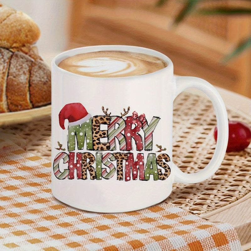 Tailorly White Ceramic 11 oz Mug - Merry Christmas Festive Decorative Design With Leopard Print And Santa Hat Lettering