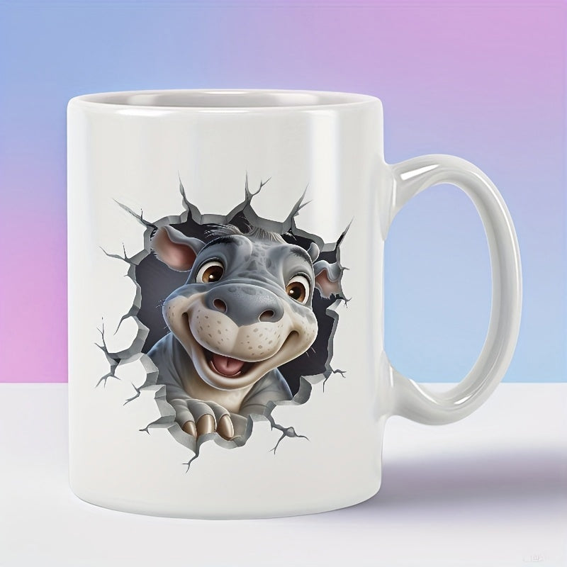 Tailorly White Ceramic 11 oz Mug - Cute Happy Grey Creature Peeking Through A Realistic Cracked Wall Effect Hippo