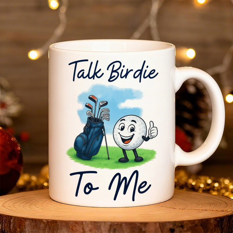 Tailorly White Ceramic 11 oz Mug - Talk Birdie To Me Cheerful Cartoon Character Standing Near Equipment On Green Grass Ball