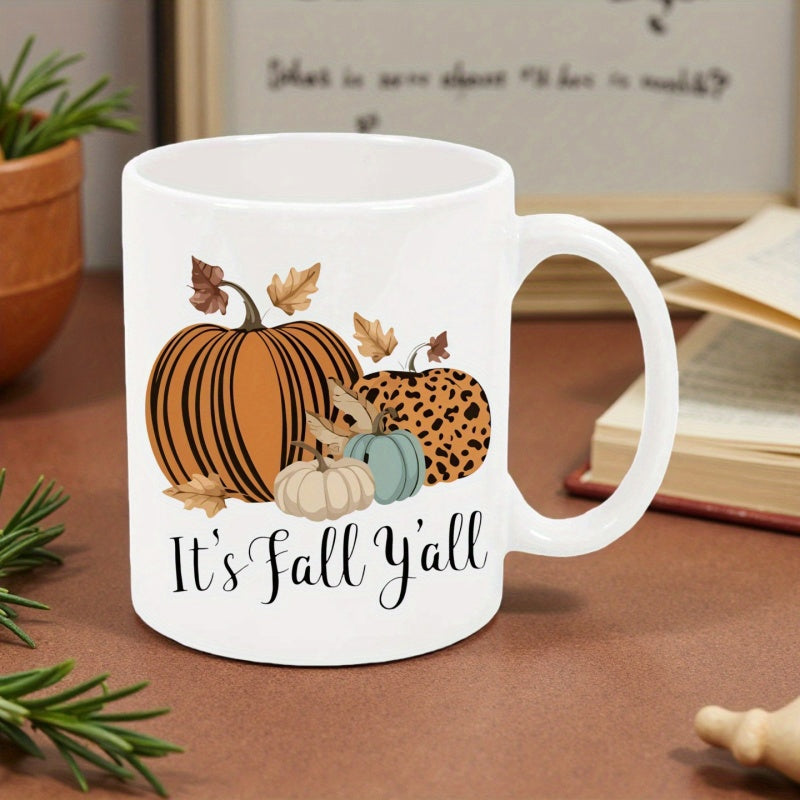 Tailorly White Ceramic 11 oz Mug - Its Fall Yall Assorted Decorative Pumpkins With Leopard Print And Scattered Autumn Leaves Pumpkin