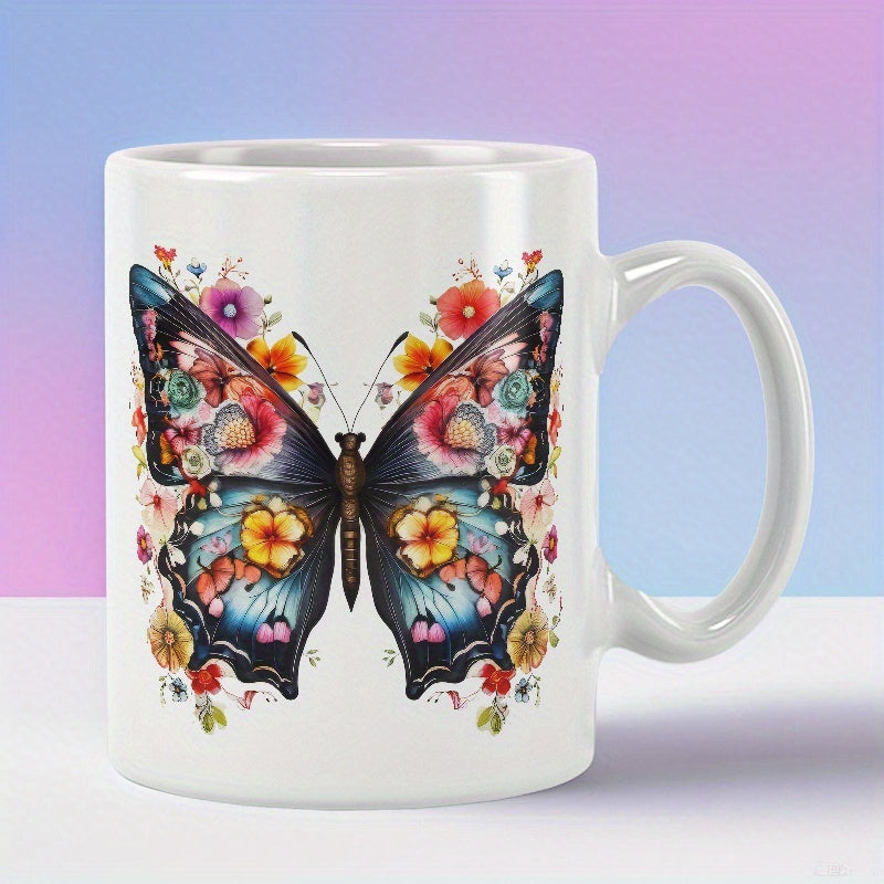 Tailorly White Ceramic 11 oz Mug - Elegant Colorful Garden Flowers Blooming Within The Wings Of A Butterfly