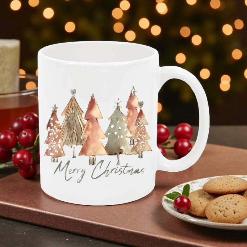 Tailorly White Ceramic 11 oz Mug - Merry Christmas Watercolor Painted Festive Forest With Warm Golden Metallic Accents Tree