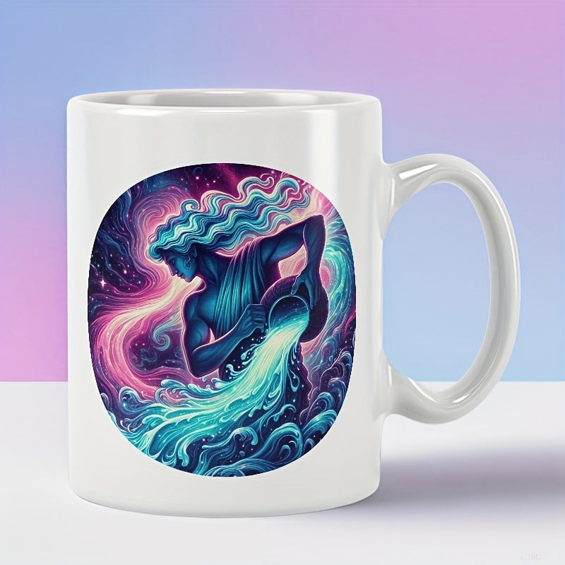 Tailorly White Ceramic 11 oz Mug - Majestic Celestial Figure Pouring Glowing Water Within Vibrant Swirling Cosmic Aquarius
