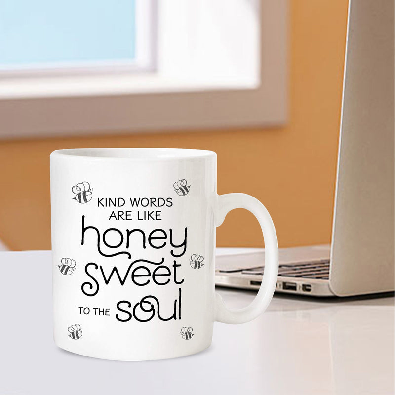 Tailorly White Ceramic 11 oz Mug - Kind Words Are Like Honey Sweet To The Soul Flying Small Line Art Garden Insects With Decorative Script Bee
