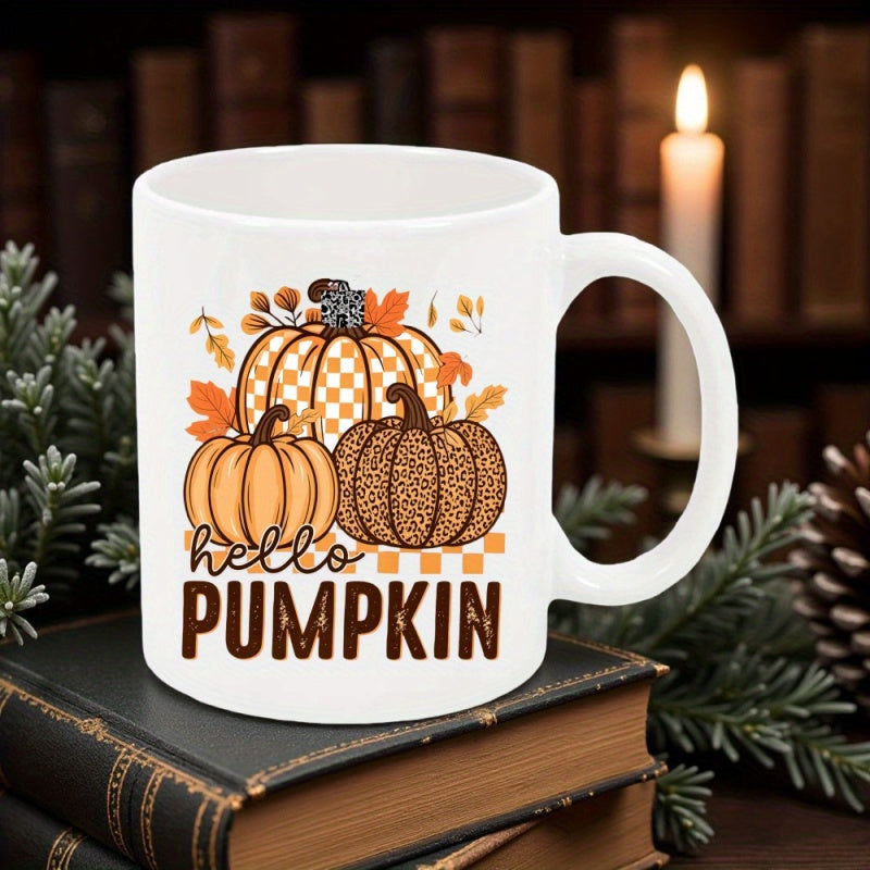 Tailorly White Ceramic 11 oz Mug - Hello Pumpkin Three Decorative Patterned Harvest Squash Among Scattered Falling Autumn Leaves Pumpkin