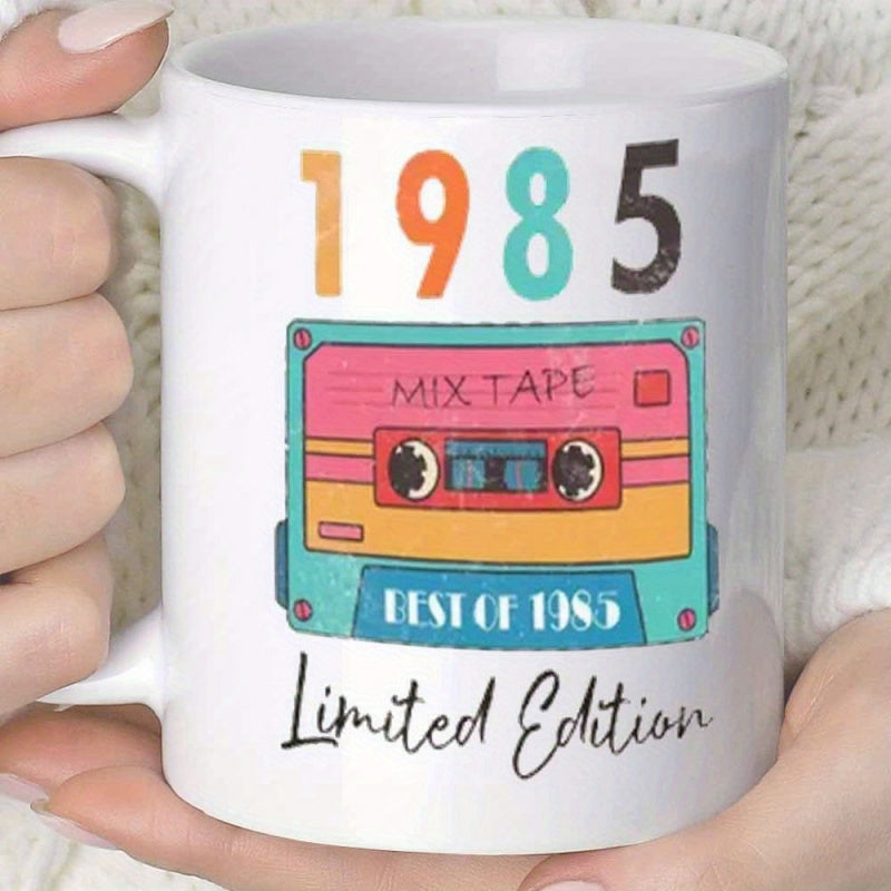 Tailorly White Ceramic 11 oz Mug - 1985 Mix Tape Best Of Limited Edition Colorful Vintage Style Music Player Floating With Distressed Textured Retro Vibes Cassette