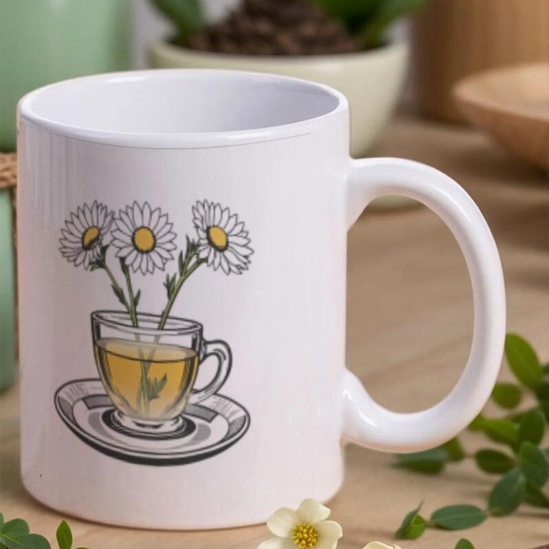 Tailorly White Ceramic 11 oz Mug - Blooming White Petals Among Green Stems Inside Delicate Glass Teacup Daisies