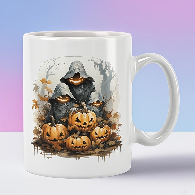 Tailorly White Ceramic 11 oz Mug - Spooky Hooded Figures Among Glowing Jack O Lanterns In Haunted Forest Pumpkin