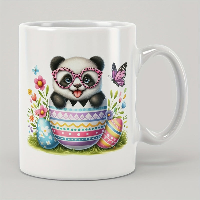 Tailorly White Ceramic 11 oz Mug - Adorable Baby Panda Wearing Pink Glasses Inside A Colorful Patterned Egg Panda