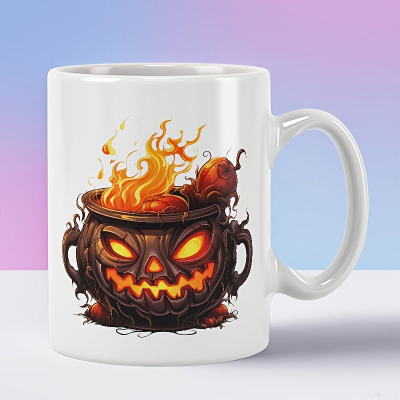 Tailorly White Ceramic 11 oz Mug - Glowing Orange Flames Erupting From A Spooky Pumpkin Themed Halloween Witch Cauldron