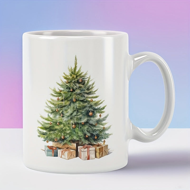 Tailorly White Ceramic 11 oz Mug - Lush Green Branches With Golden Ornaments And Festive Gift Boxes Christmas Tree