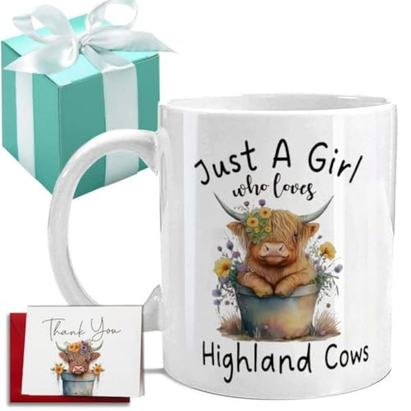 Tailorly White Ceramic 11 oz Mug - Just A Girl Who Loves Highland Cows Adorable Fluffy Calf Sitting Inside A Colorful Floral Painted Bucket Highland Cow
