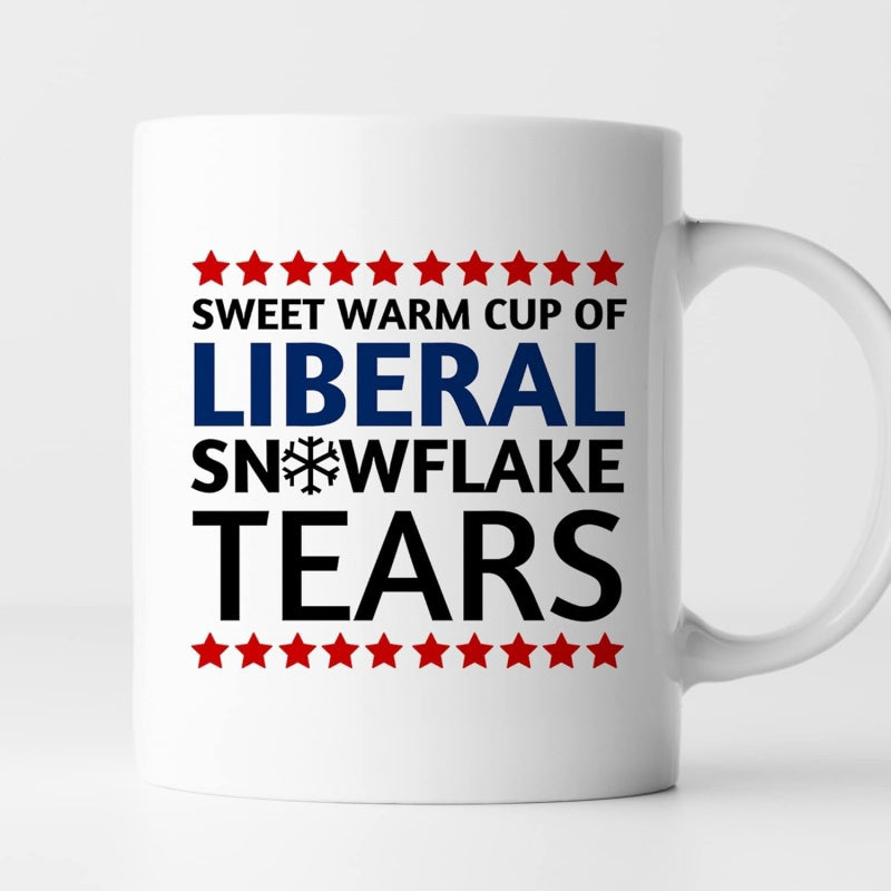 Tailorly White Ceramic 11 oz Mug - Sweet Warm Cup Of Liberal Snowflake Tears Bold Red Stars Framing Political Slogan Featuring A Small Minimalist Winter Snowflake