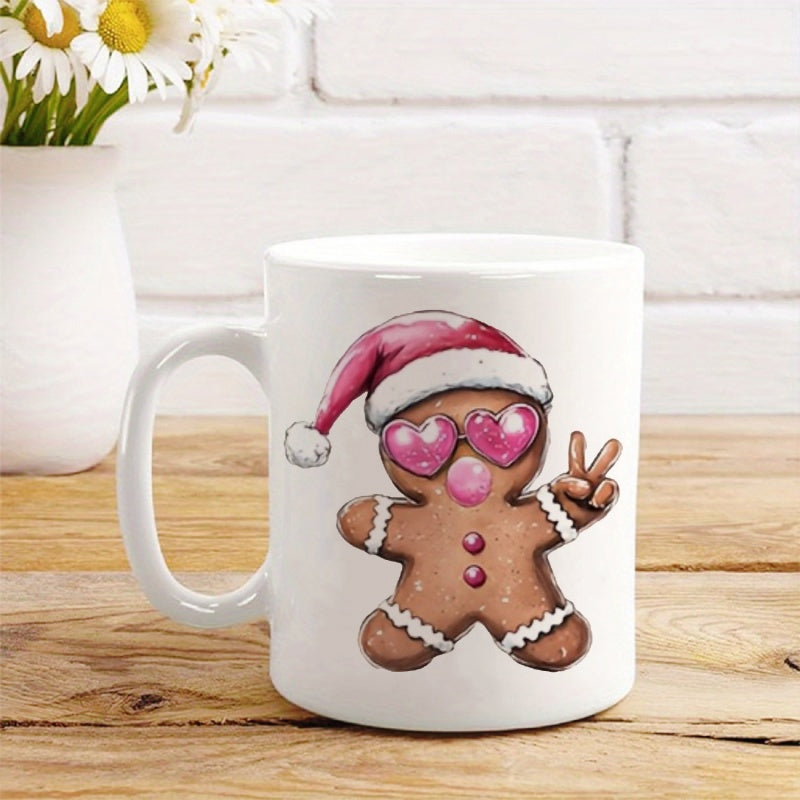 Tailorly White Ceramic 11 oz Mug - Festive Holiday Character Wearing Pink Santa Hat And Heart Shaped Sunglasses Gingerbread Man