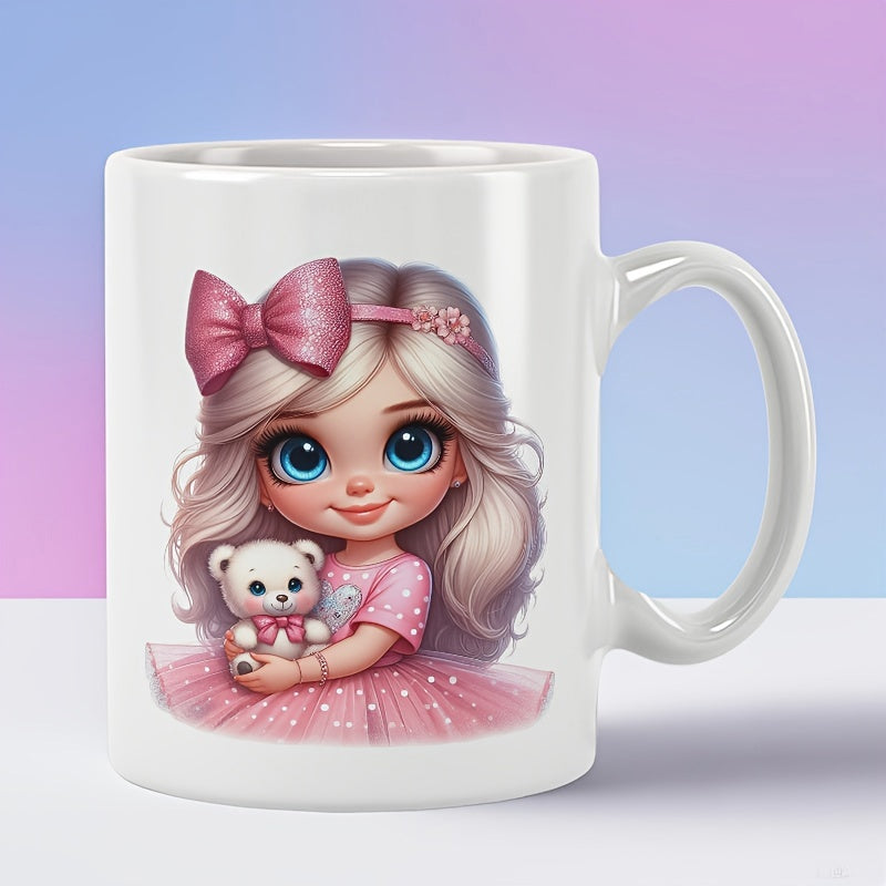 Tailorly White Ceramic 11 oz Mug - Charming Little Blonde With Pink Bow Holding A Soft Teddy Bear Girl