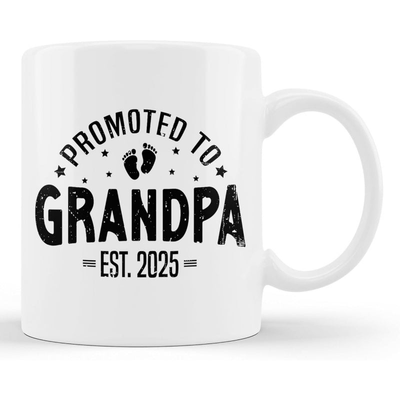 Tailorly White Ceramic 11 oz Mug - Promoted To Grandpa Est 2025 Vintage Distressed Typography With Baby Footprints Among Tiny Twinkling Stars Sign