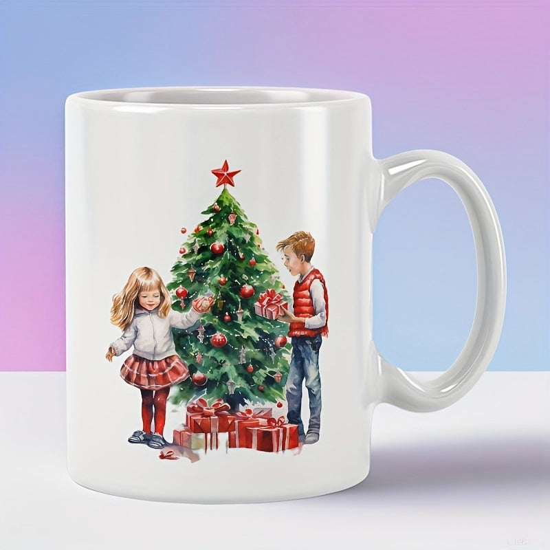 Tailorly White Ceramic 11 oz Mug - Happy Children Decorating A Festive Star Topped Holiday Pine Christmas Tree