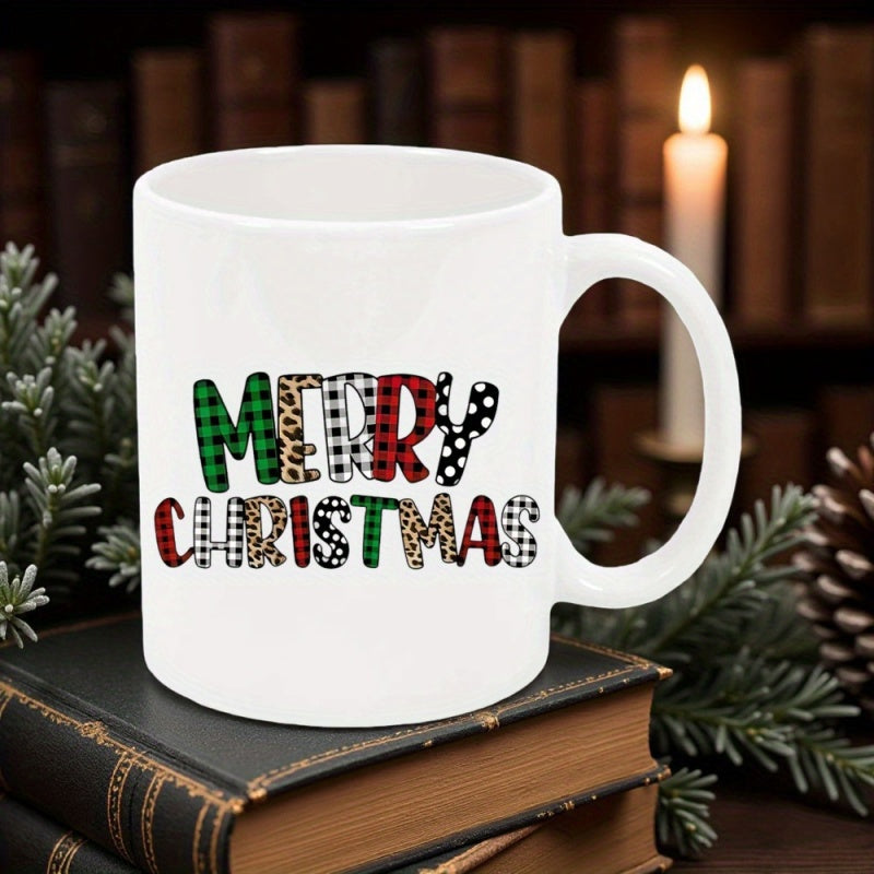 Tailorly White Ceramic 11 oz Mug - Merry Christmas Festive Plaid And Animal Print Patterns Within Bold Decorative Festive Lettering