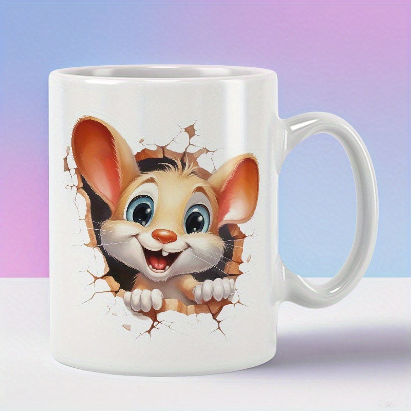 Tailorly White Ceramic 11 oz Mug - Adorable Cartoon Animal Breaking Through A Realistic Cracked White Wall Mouse