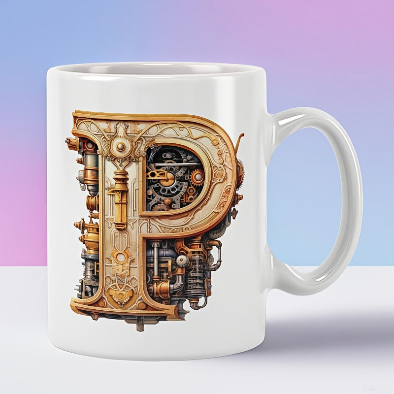 Tailorly White Ceramic 11 oz Mug - Intricate Mechanical Steampunk Gear And Pipe Details On Ornate Metallic Letter
