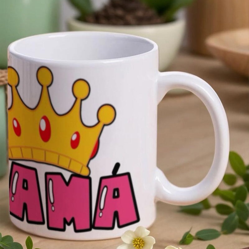 Tailorly White Ceramic 11 oz Mug - Golden Cartoon Royal Ornament Decorated With Small Red Jewels Graphic Crown