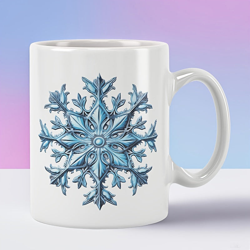 Tailorly White Ceramic 11 oz Mug - Intricately Detailed Blue Ice Crystal Design Reflecting Cold Winter Atmosphere Snowflake
