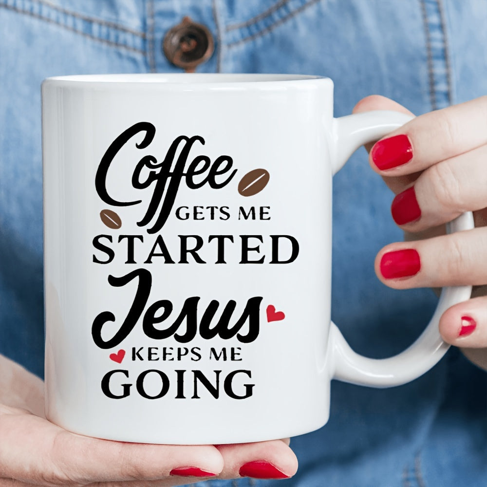 Tailorly White Ceramic 11 oz Mug - Coffee Gets Me Started Jesus Keeps Me Going Small Coffee Beans And Tiny Red Hearts Scattered On