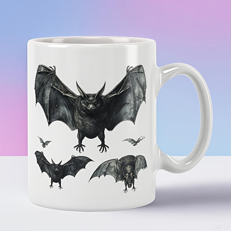 Tailorly White Ceramic 11 oz Mug - Vintage Gothic Style Flying With Detailed Wings Over White Surface Bat