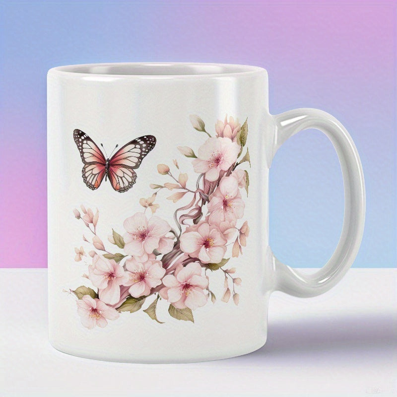 Tailorly White Ceramic 11 oz Mug - Graceful Pink Cherry Blossoms With A Delicate Monarch Style Flying Butterfly