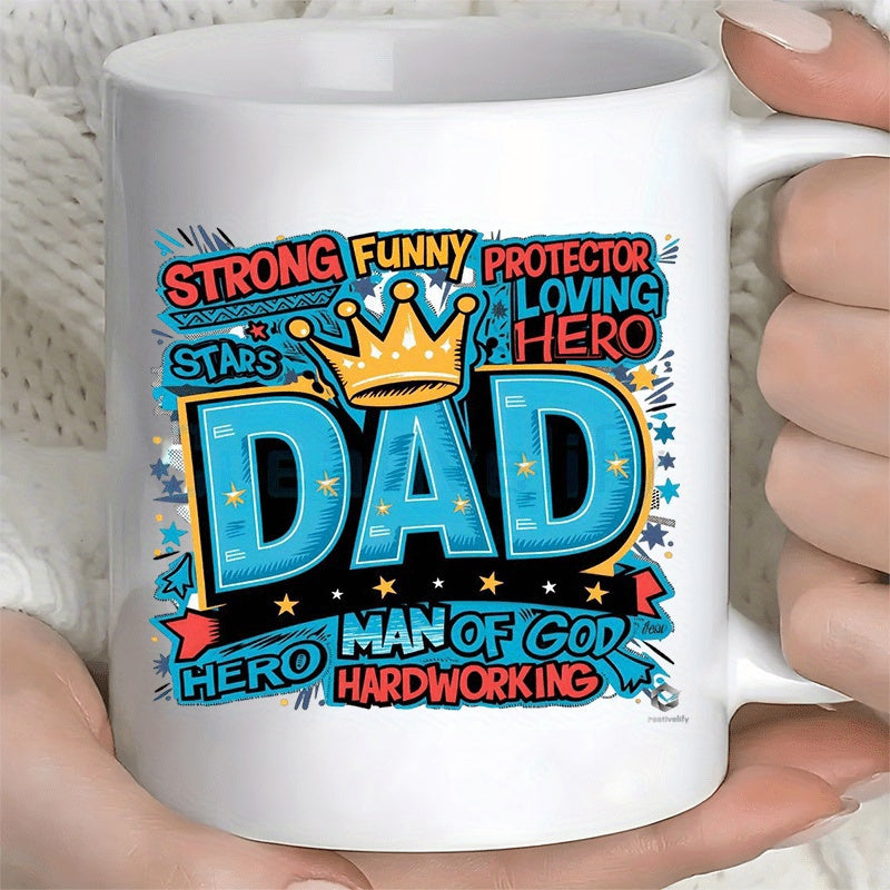 Tailorly White Ceramic 11 oz Mug - Strong Funny Dad Hero Man Of God Vibrant Blue Comic Frame With Golden Crown And Sparkling Stars Crown