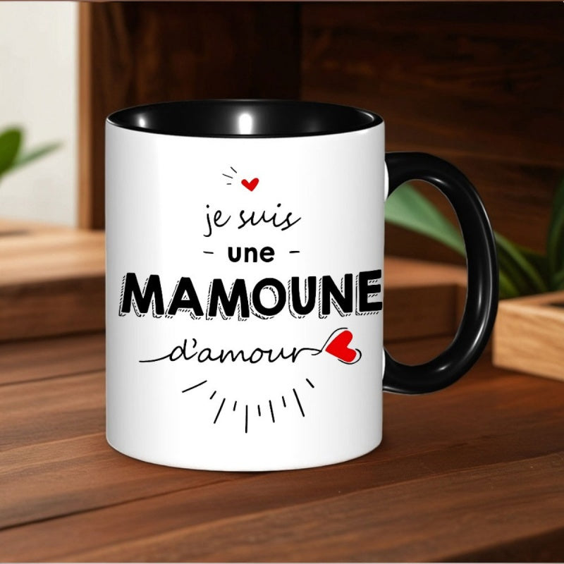 Tailorly Black Accent 11 oz Mug - French text "mamoune" with pronunciation label