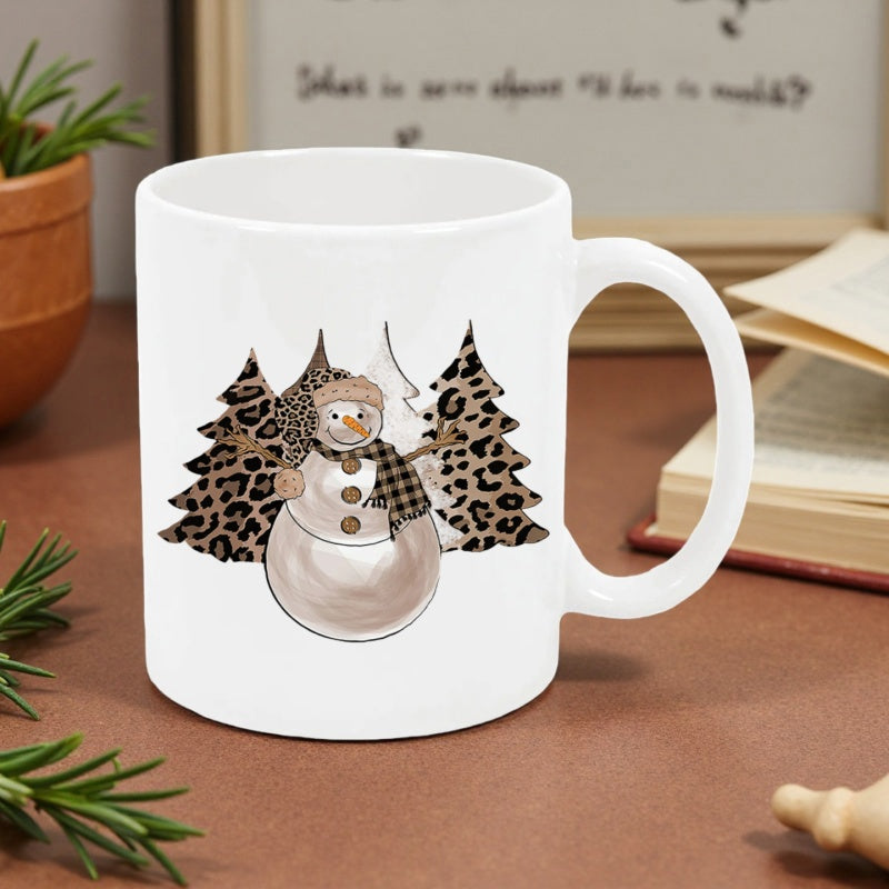 Tailorly White Ceramic 11 oz Mug - Charming Snowman Standing Before Stylish Trees Featuring Unique Leopard Print Pattern Snowman