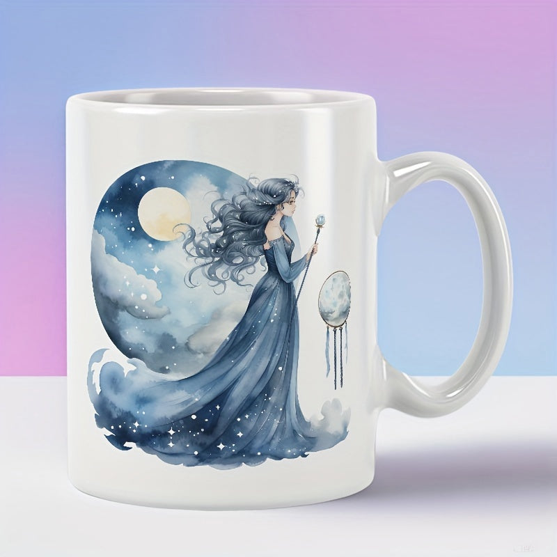 Tailorly White Ceramic 11 oz Mug - Ethereal Lady Wearing Starry Blue Dress Under Glowing Full Moon Goddess
