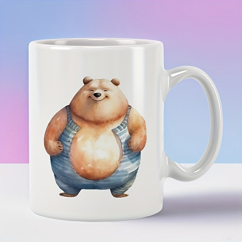 Tailorly White Ceramic 11 oz Mug - Happy Chubby Brown Watercolor Style Animal Wearing Striped Vintage Swimsuit Bear
