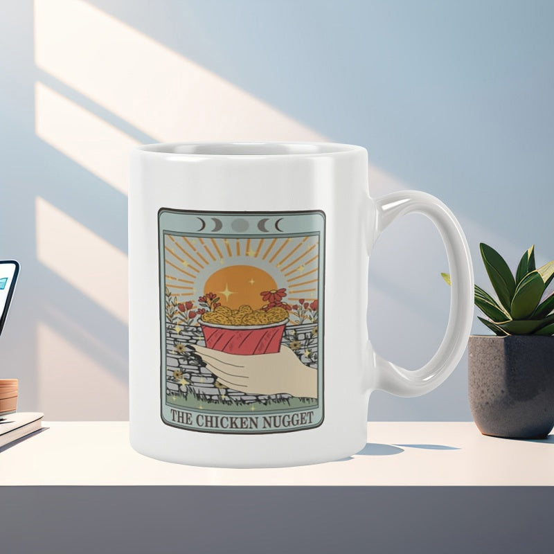 Tailorly White Ceramic 11 oz Mug - The Chicken Nugget Vintage Hand Holding Red Bucket Of Food Under Rising Sun Rays Tarot