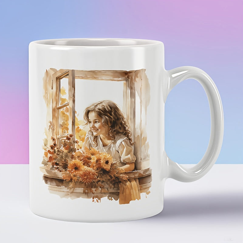 Tailorly White Ceramic 11 oz Mug - Watercolor Portrait Of Curly Haired Child Looking Through Window With Sunflowers Girl