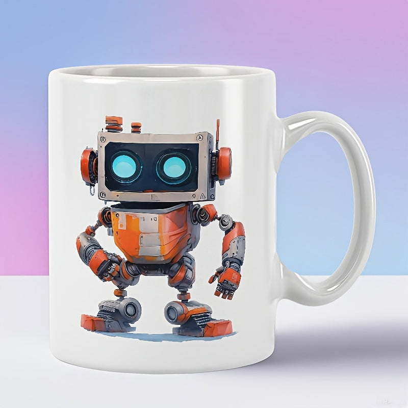 Tailorly White Ceramic 11 oz Mug - Cute Retro Mechanical Character With Glowing Eyes Standing On White Surface Robot