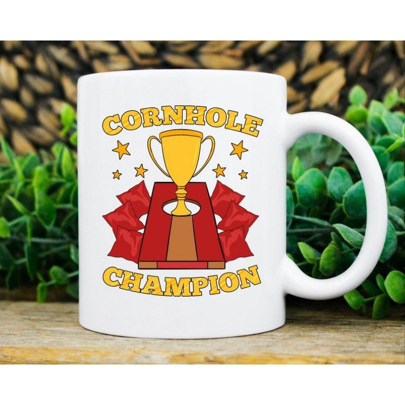 Tailorly White Ceramic 11 oz Mug - Cornhole Champion Shining Golden Cup Set Against Red Wooden Game Board Trophy
