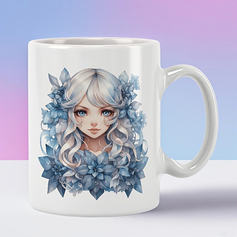 Tailorly White Ceramic 11 oz Mug - Elegant Silver Haired Character Surrounded By Blue Blossoms In Fantasy Style Girl